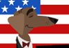 A dachshund plays the piano contemplatively. There is an American flag behind him.