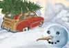 An illustration of a snowman, behind it is a car with a Christmas tree tied to its roof pulling up to a snow covered house. The ecard title Cozy Family Christmas is written above.