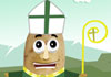 This funny holiday ecard 's thumbnail shows a potato dressed as Saint Patrick, in a green robe, white miter with green cross, and holding a gold crosier.