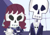 Two skeletons meet in a graveyard. One is in a tattered tuxedo, and the other is wearing an aged wedding dress and holding a bouquet of black flowers.