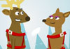 Two bipedal, cartoon reindeer are looking at each other. The male deer is giving a flirty smile to the female reindeer, and there are little pink hearts between them. The ecard title Flirting Reindeer is written above them.