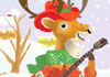 A bipedal cartoon deer is holding a guitar, and is dressed in a Christmas sweater, scarf, and cowboy hat. There is a snow covered house and barn in the background. Country Christmas is written at the top.