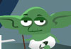 A cartoon Yoda dressed in a diaper as baby New Year, wields his lightsaber next to a table with a tower of champagne flutes, and a bottle of champagne. The ecard title Star Wars Parody New Years is written in the foreground.
