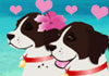 Two dogs sit together on the beach in front of a beautiful blue ocean. There are hearts in the air above them.