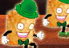 Two grinning tater tots with green derby hats and bow ties dance on the counter of a tavern.