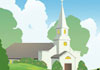 The thumbnail image for this free condolence card is a church situated in a peaceful meadow.