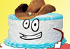 A blue and white birthday cake wearing a cowboy hat and boots, its cartoon face is smiling, and it’s waving its arms in the air. Country Singing Birthday Cake is written above the character. 