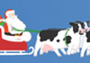A cartoon Santa in a sleigh, with a small elf friend beside him, and two cows with flowers and holly on their heads are behind him. Santas Christmas Cows is written above them.