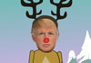 A photo of Donald Trump’s face, on a cartoon body wearing a reindeer costume. There is a red nose on his face, and he’s wearing antlers. The ecard title Dancing Trump Christmas appears below him.