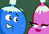 Two cartoon Christmas ornaments. The male is on the left, shaped like a blue ball. The female is on the right, shaped like a pink bell. They are looking at each other playfully. The ecard title Flirty Christmas Ornaments is written above them.