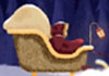 An illustrated side view of Santa with a large bag of toys behind him, in a brown, wooden sleigh. There is a dark background with trees, and the words Magic Christmas Sleigh Ride above Santa. 