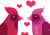 Two birds - one red, and one pink - hold each other's wings, and press their beaks together in a kiss. Little hearts dot the air above them.