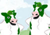 Two cows wearing green bowler hats stand in a field of shamrocks. One cow is the standard color of white with black spots, while the other cow's spots are green instead of black.