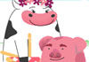 A cow and a pig stand together. The cow is wearing a flower crown, and the pig is smoking a cigar.