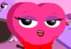 A pink heart wearing a red dress, gloves, fishnet stockings, and high heeled shoes dances in front of a band.