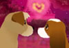 Two doggies meet in front of the Eiffel Tower. They stand nose to nose, and look lovingly into each other's eyes.