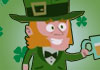 A wee little leprechaun, wearing green from the top hat on his head, all the way down to the pants that are tucked into his gold-buckled boots. He is raising his glass to salute the viewer, and smiling cheerfully.