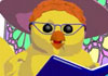 Two baby chickens are in a church. One is standing, and holding a book in its hands, and wearing a straw hat, and cat-eye glasses. The other chick we see from behind because it is playing an organ.