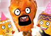 Three fried chicken wings are dressed as members of the band Earth, Wind, and Fire - a singer, a guitar player, and a saxophone player. All three are wearing party hats. The ecard title Earth, Wings, and Fire are written above the chicken wings.