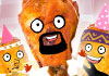Three fried chicken wings are dressed as members of the band Earth, Wind, and Fire - a singer, a guitar player, and a saxophone player. All three are wearing party hats. The title of this hilarious greeting card Earth, Wings, and Fire is written above the chicken wings.