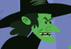 The wicked witch - a green skinned woman in a pointy witch hat and black robes - stands in front of her cauldron. An assortment of bones are floating in the cauldron.