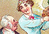 An old fashioned illustration of Santa Claus. There is a bag of toys in the background, and the words Old Tyme Christmas at the bottom of the ecard, below Santas face.