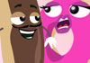 A pink frosted doughnut, and a chocolate-frosted eclair.