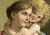 In the thumbnail for this popular Mother's day ecard, an old fashioned illustration for a smiling mother being hugged from behind by her child. 