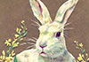 An old fashioned illustration of a bunny. He is posing with his front paw on an Easter egg decorated with yellow flowers.