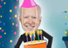 This silly birthday ecard face-only photo of Joe Biden has been added to a cartoon image of his body. He’s wearing a suit jacket, American flag boxer shorts, and socks, while he dances and holds a large birthday cake.The ecard title Birthday Dancing Joe Biden is above him.