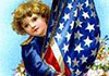 An old fashioned illustration of a cherubic youth. The child is holding a flower garland, and has several flag poles in their arms. Each flag pole bears an American Flag.