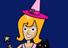 A moon looks at a witch on a broomstick, who is accompanied by her cat, and waving a magic wand through the air.