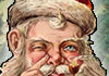 An old fashioned drawing of Santa. He is holding a present, and is pressing a finger to the side of his nose. Old Tyme Santa Claus is written in the foreground.