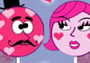 A dark pink cake pop with a top hat, mustache, and hearts all over his face, and a light pink cake pop with short pink hair, long eyelashes, and blushing hearts on her cheek.She gives him a flirty look, and his eyes cross. 