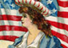 An old fashioned illustration of a woman wearing a long flowing sailor dress, and holding a billowing American flag.