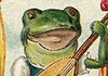 An old fashioned painting of two frogs. They are dancing down a country road while playing lutes.  One frog is wearing a red vest and white shorts. The other frog is wearing a blue dress.
