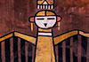 A photo of what looks to be a Kuchina painting of the South West united States native peoples. The deity has legs akimbo and arms spread wide with black feathers hanging from them. The colors are all browns and beiges. Above is the title in white letters, 