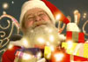 Jolly Santa with Christmas presents in his arms. There are decorative, sparkly swirls behind him, and the words Santas Sleigh Ride above him.