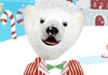 A cute Christmad card featuring a polar bear in a Santa hat, and red and white striped suit jacket.