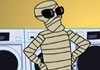 This Halloween ecard shows the Mummy in a laundromat in front of a washing machine. The title reads, 