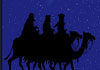 This Epiphany ecard shows the Biblical three wise men in silhouette on camels travelling across a desert. They are in black silhouette against a blue night sky filled with stars, with the Star of Bethlehem in the upper right corner with a comet tail. At the bottom in white font is the title, 