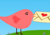 This Valentine's Day ecard shows a grassy hill and blue sky with two cartoon birds on the hill facing each other. In thjeir beaks they hold an envelope with a heart on it. The title reads, 