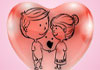 this Valentine's Day ecard is a pink background behind a red 3D heart. One the heart is a cartoon depiction of a boy and a girl holding hands. Their are drawn in simple black lines. The title below them reads, 