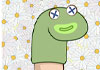 Against a background of a pattern of daisies, the talking sock puppet is a cartoon character that looks like a green sock on a hand, with button eyes and a green mouth. Above it is the title in green block letters, 
