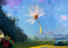 This ecard shows a sloping field of flowers in the impressionist painting style with many bright colors like red and yellow and purple over the green grass. Floating above the field, against a blue sky with puffy white clouds is one dandelion seed. The title is in white block lettering and reads, 