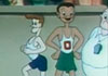 The image of this Thinking of You ecard is a still form a 1940s era cartoon with two runners getting read on a track in a stadium. We see the two skinny cartoon runners, one facing the course, the other facing the viewer. They are in shorts and white talk top t-shirts and smiles. In the bottom third of the image is the title, 
