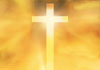 Above a golden pool of liquid, floating in golden clouds is an illuminated cross, glowing with bright golden light. The image is reflected exactly in reverse by the placid surface of the golden pool. Over the image, in the center of it, in black letters is the title of the Good Friday ecard, 