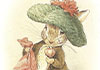 A watercolor painting from 1910 of a little bunny standing on hind legs and wearing a little brown jacket, and big floppy green hat with a fancy red tufted tassel on top and holding a red blanket in one arm. They look like they have dressed up fancy. Above them is the title of the Birthday ecard in blue letters, 